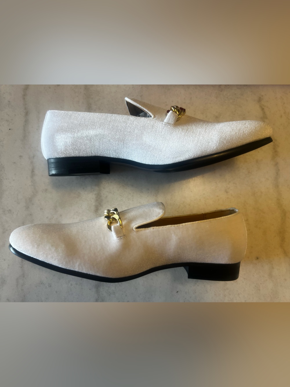 Amalfi White Velvet Loafers with Gold Chain Accent
